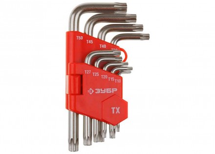 Ключи TORX имбусовые короткие с отверстием, 9шт, Т10-Т50, ЗУБР