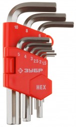 Ключи имбусовые Г-образные HEX (1.5-10мм) короткие, 9шт, ЗУБР
